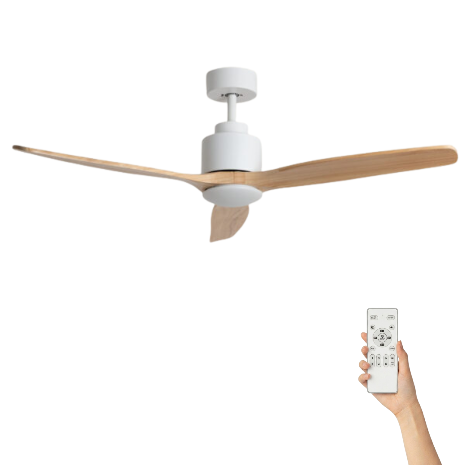 Fantiluxe Henrik Ventilador de techo, Ø132 cm, Mando a distancia, Blanco / aspecto madera clara