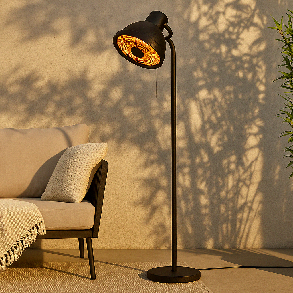 Calefactor eléctrico de pie para terraza con infrarrojos y altura regulable