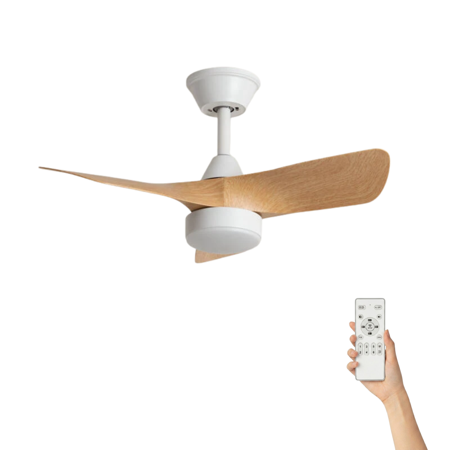 Fantiluxe Sebastian Ventilador de techo, Ø76 cm, Mando a distancia, Blanco / aspecto madera