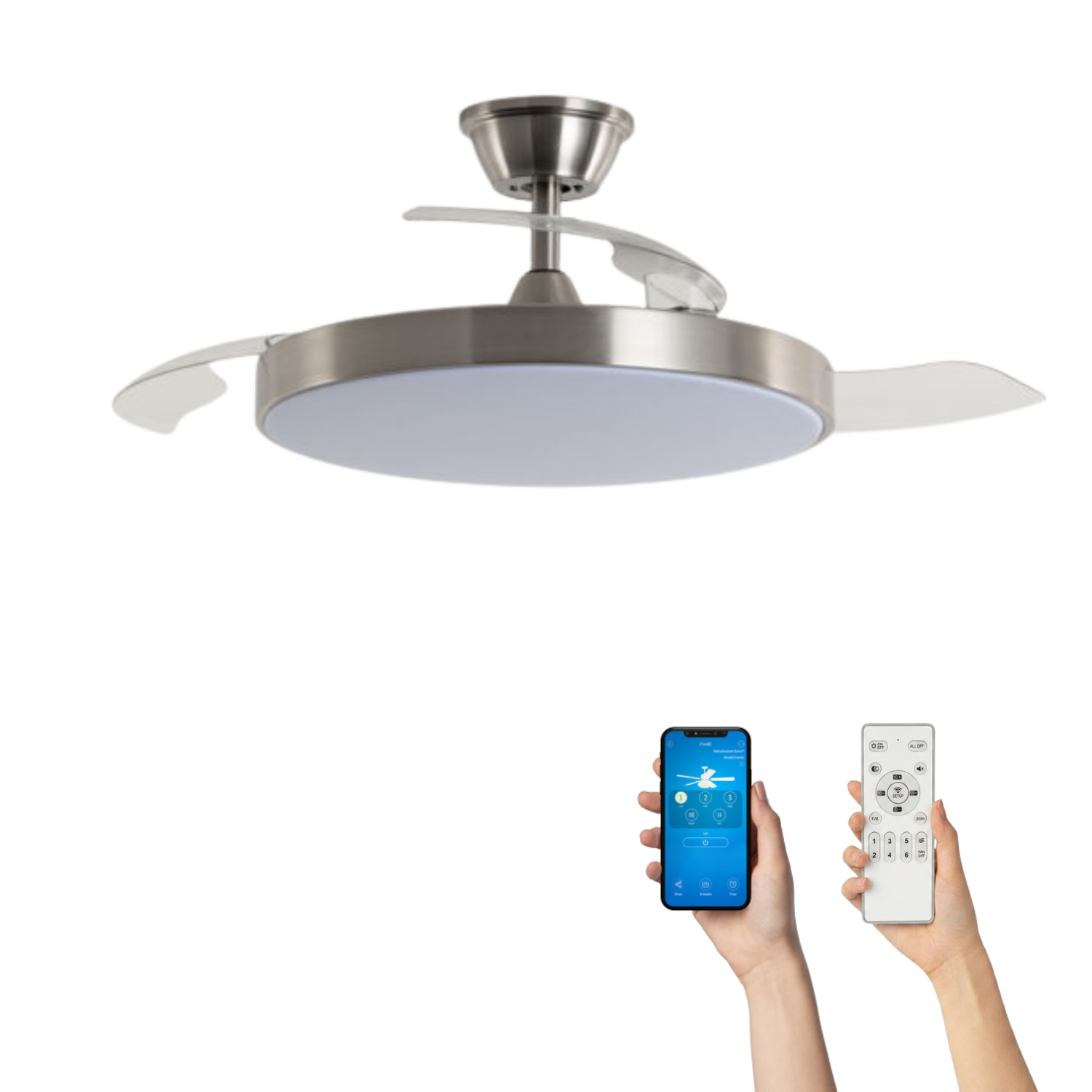 Fantiluxe Rasmus Ventilador de techo, Ø106 cm, Mando a distancia + aplicación móvil, Níquel / Transparente