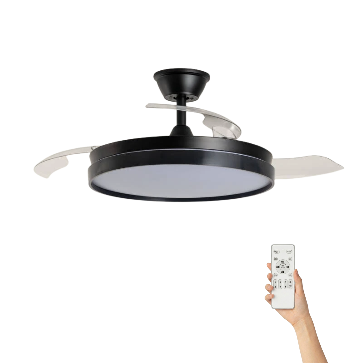 Fantiluxe Lars Ventilador de techo, Ø106 cm, Mando a distancia, Negro / Transparente