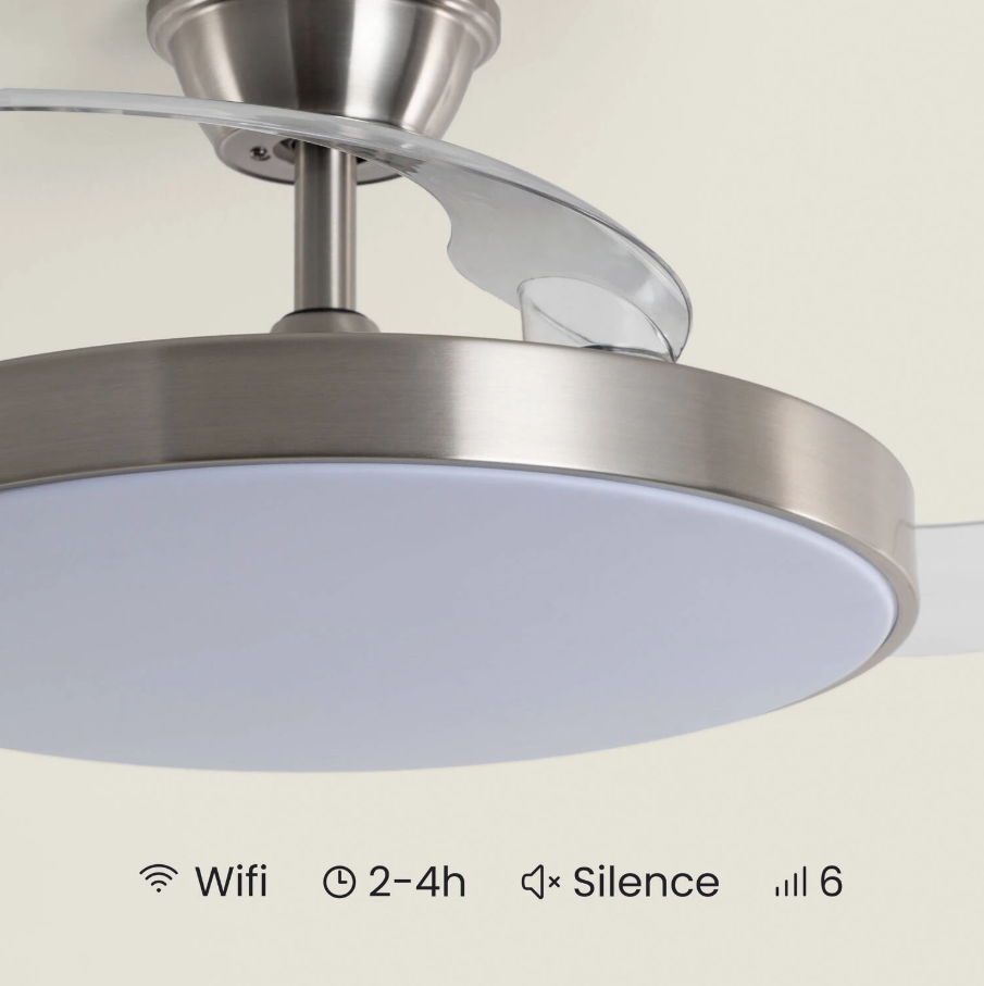 Fantiluxe Rasmus Ventilador de techo, Ø106 cm, Mando a distancia + aplicación móvil, Níquel / Transparente