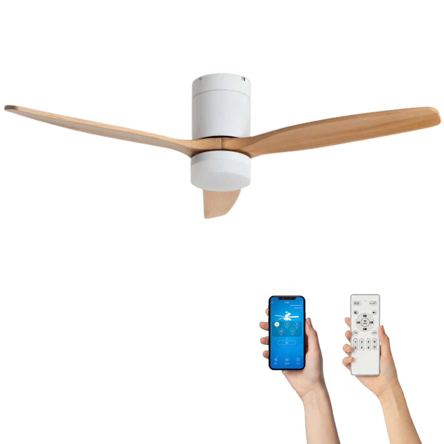 Fantiluxe Filip Ventilador de techo, Ø132 cm, Mando a distancia + aplicación móvil, Blanco / aspecto madera clara