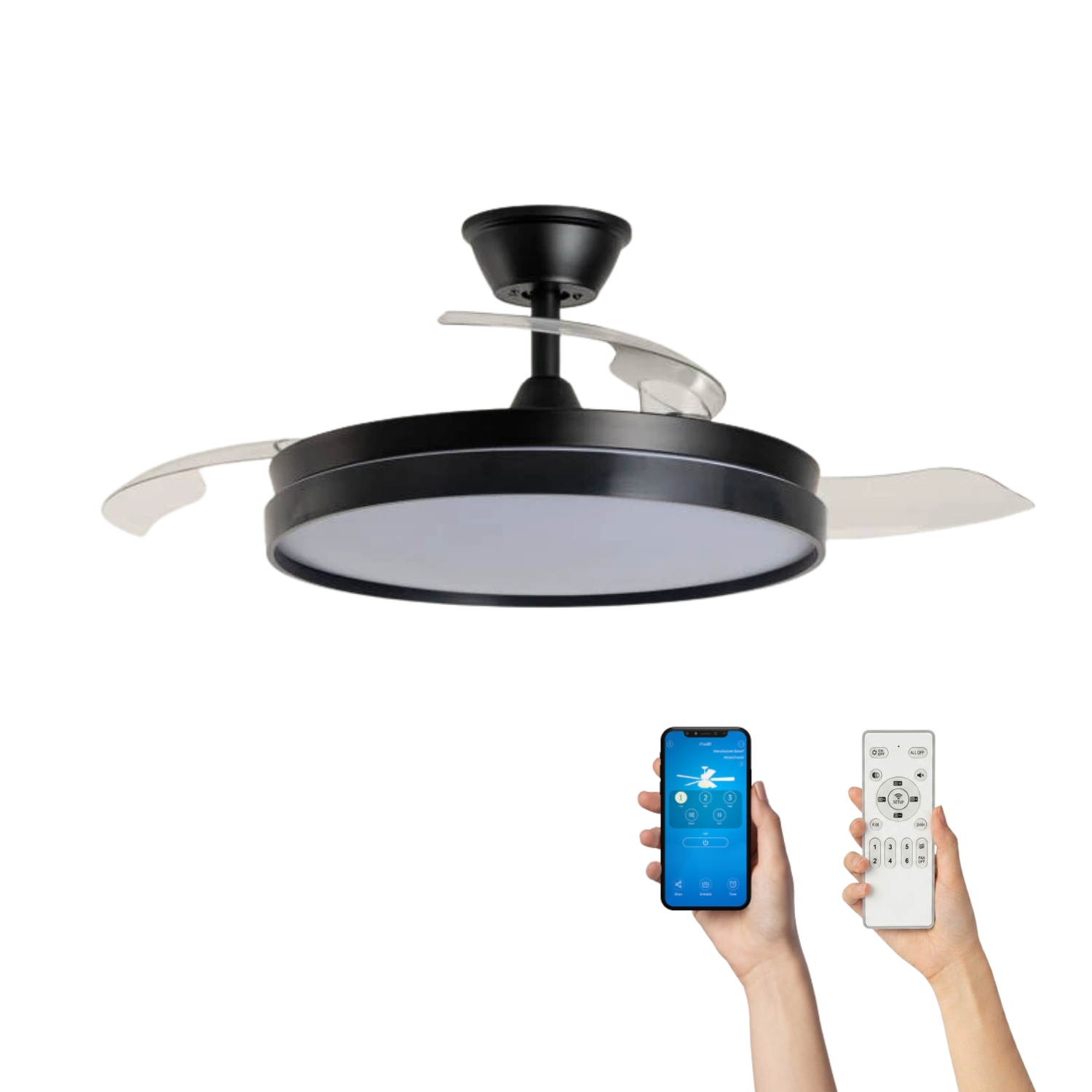 Fantiluxe Lars Ventilador de techo, Ø106 cm, Mando a distancia + aplicación móvil, Negro / Transparente