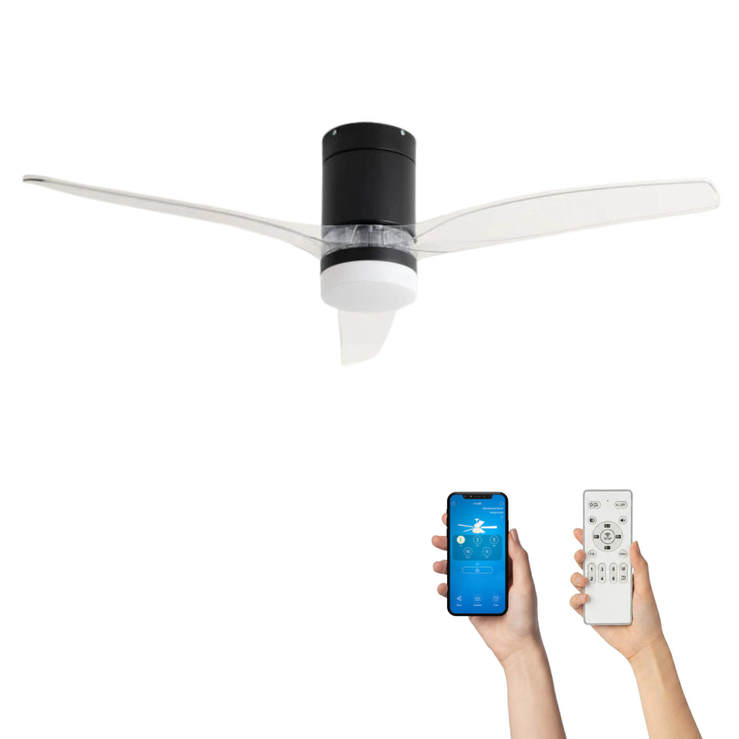 Fantiluxe Filip Ventilador de techo, Ø132 cm, Mando a distancia + aplicación móvil, Negro / Transparente
